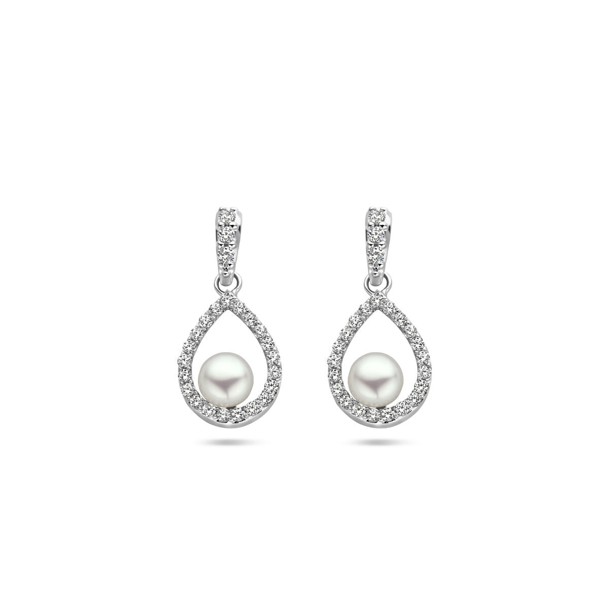 Boucles d'oreilles en argent rhodié avec perles et zircons, en forme de goutte.