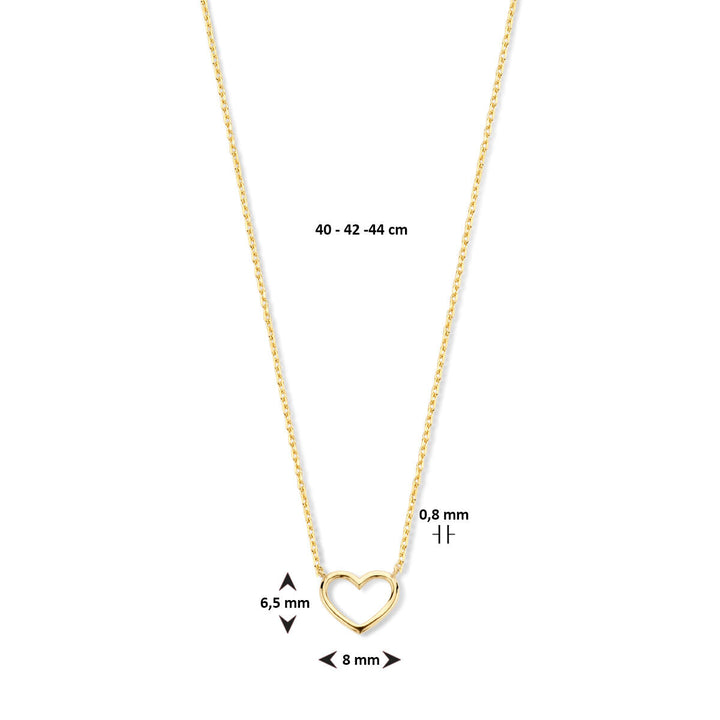 De Van der Kooij Collectie Gouden dames ketting 14K heeft een delicaat open hartje hanger (8x6,5 mm) aan een verstelbare ketting (40/42/44 cm) - een perfect Valentijnsdag cadeau.