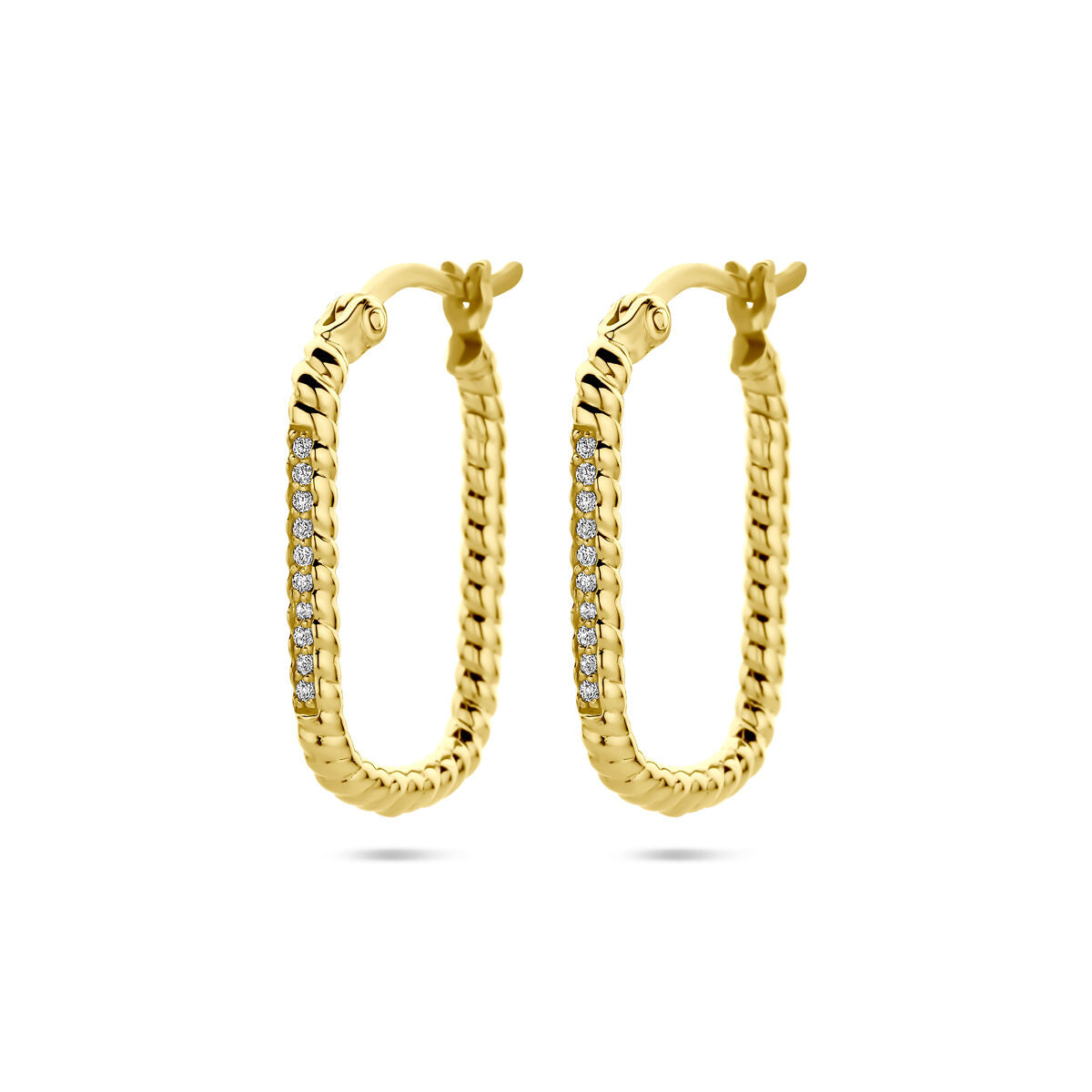 Boucles d'oreilles dorées en argent avec des zircons, de forme ovalisée et texturée.