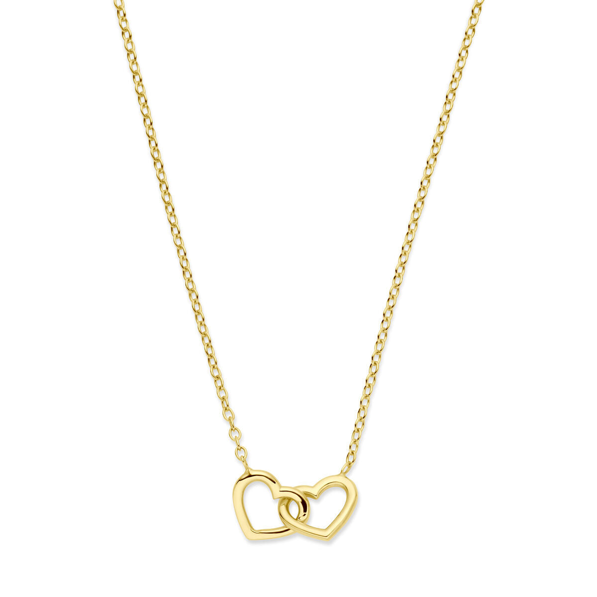 Collier en or 14K avec pendentifs en forme de cœurs entrelacés.