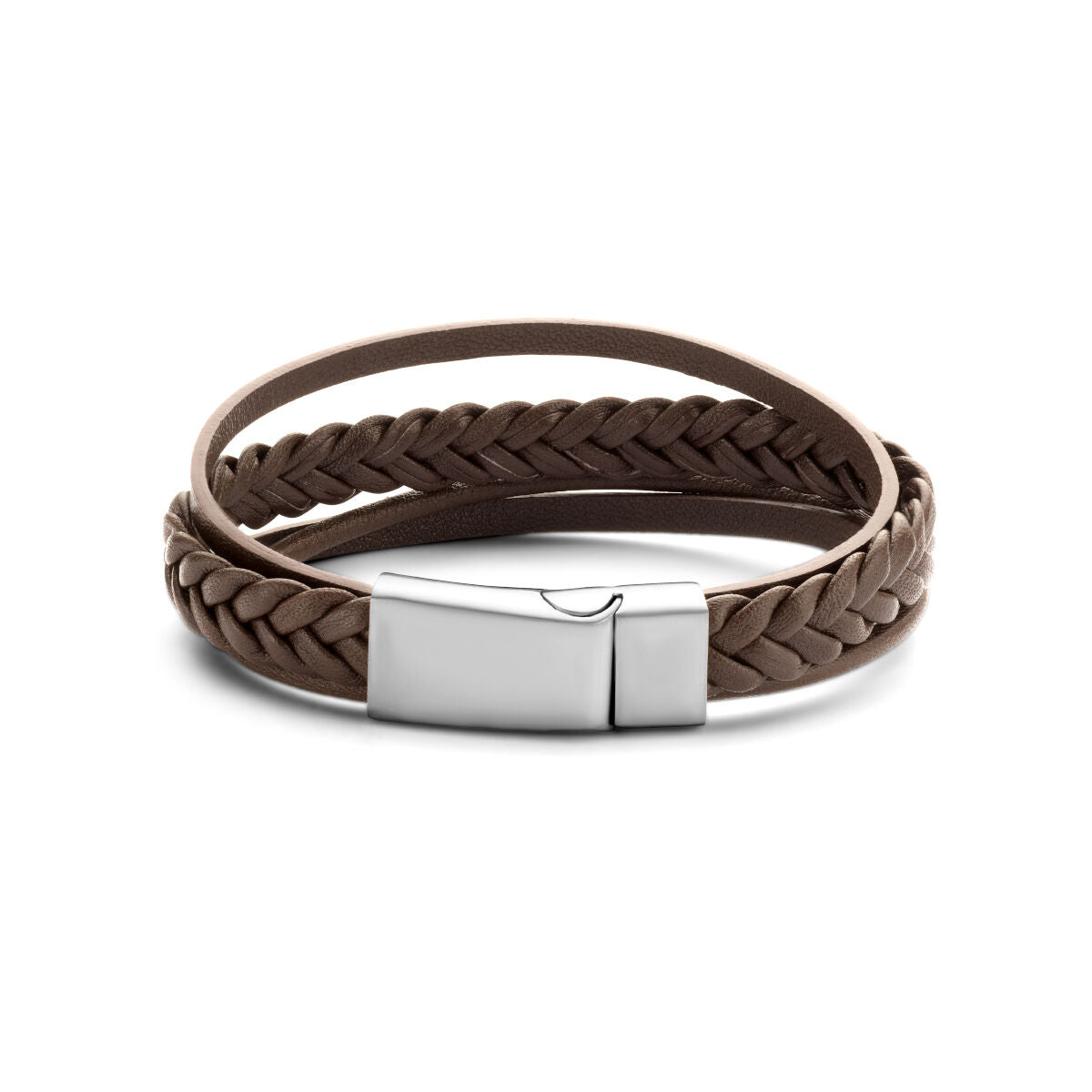 Bracelet en cuir brun tressé de 12 mm avec fermoir en acier inoxydable.