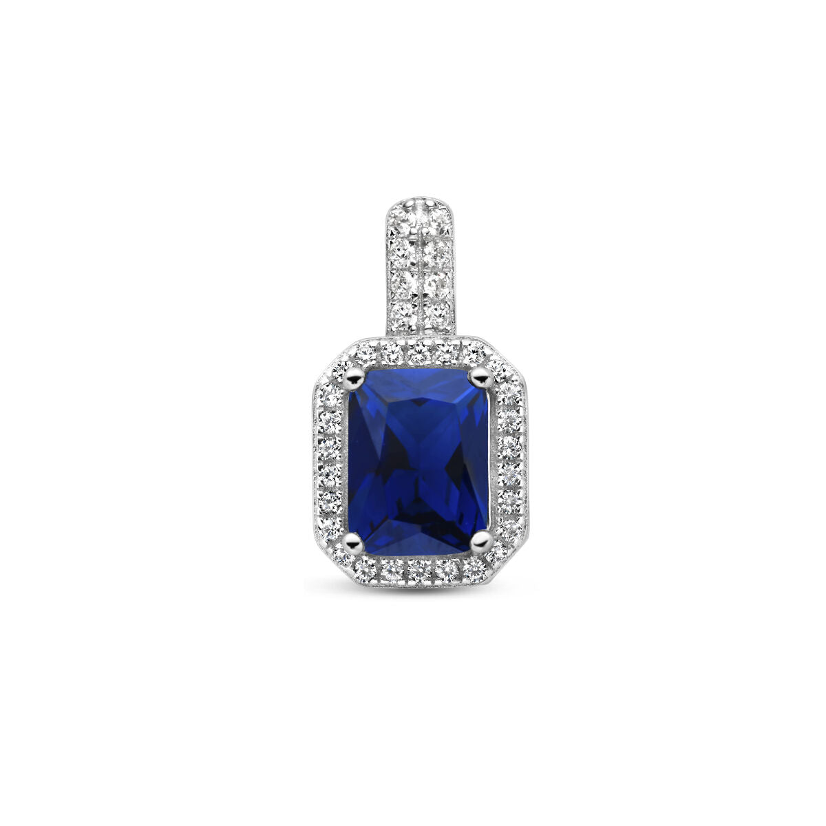 pendentif en argent rhodié avec halo de zirconium bleu et blanc.