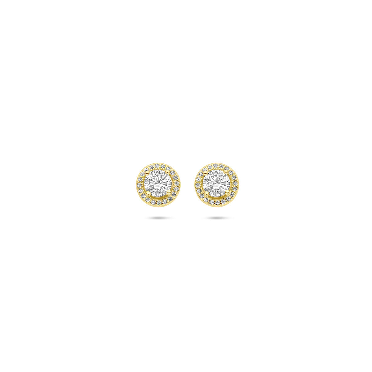 Boucles d'oreilles en argent doré jaune avec zircons, forme ronde de 9 mm.