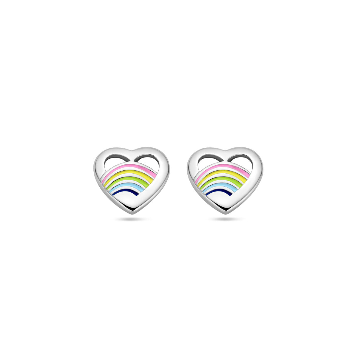 Boucles d'oreilles en forme de cœur en argent rhodié avec émail multicolore.