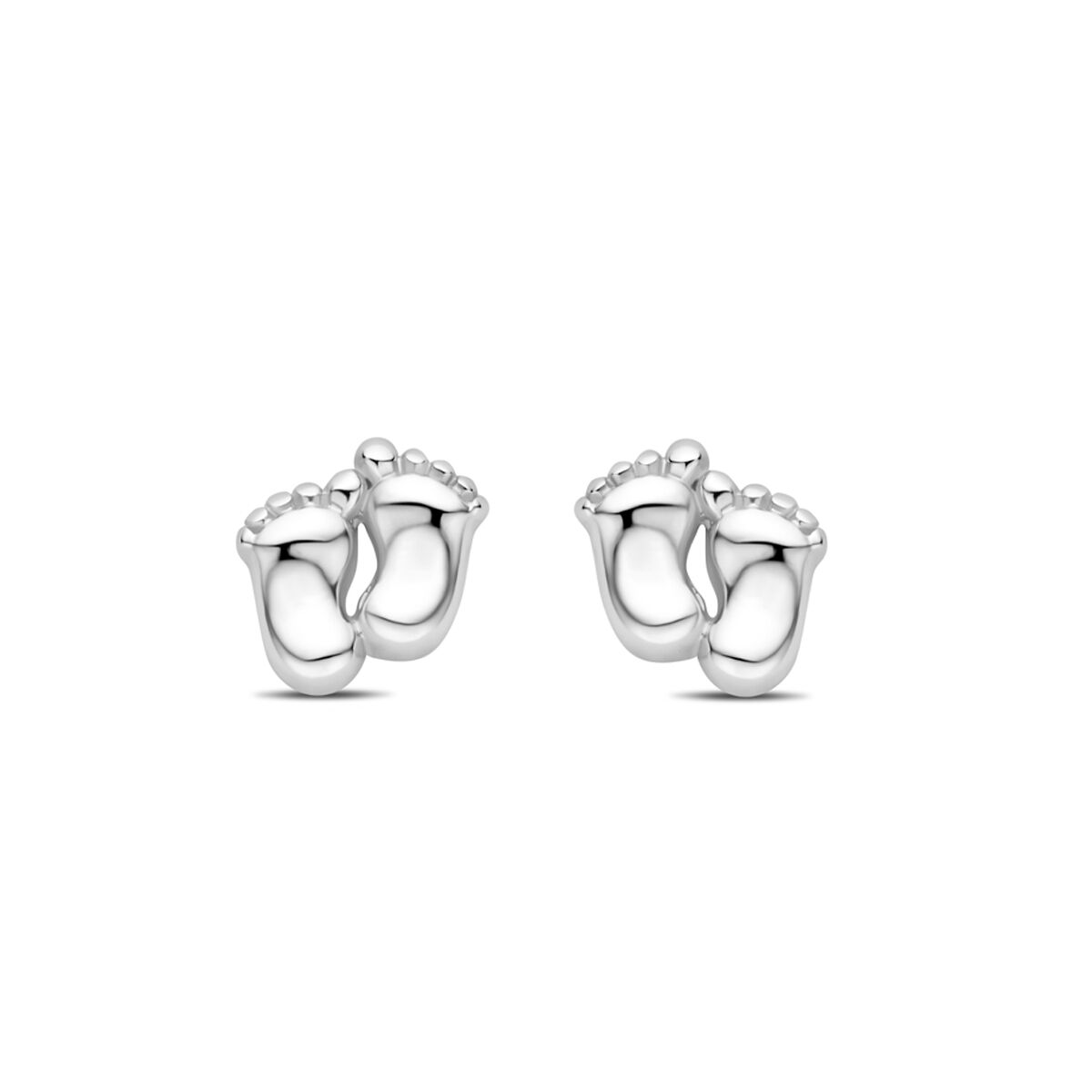 Boucles d'oreilles en argent rhodié en forme de petits pieds de bébé, mesurant 8 mm.