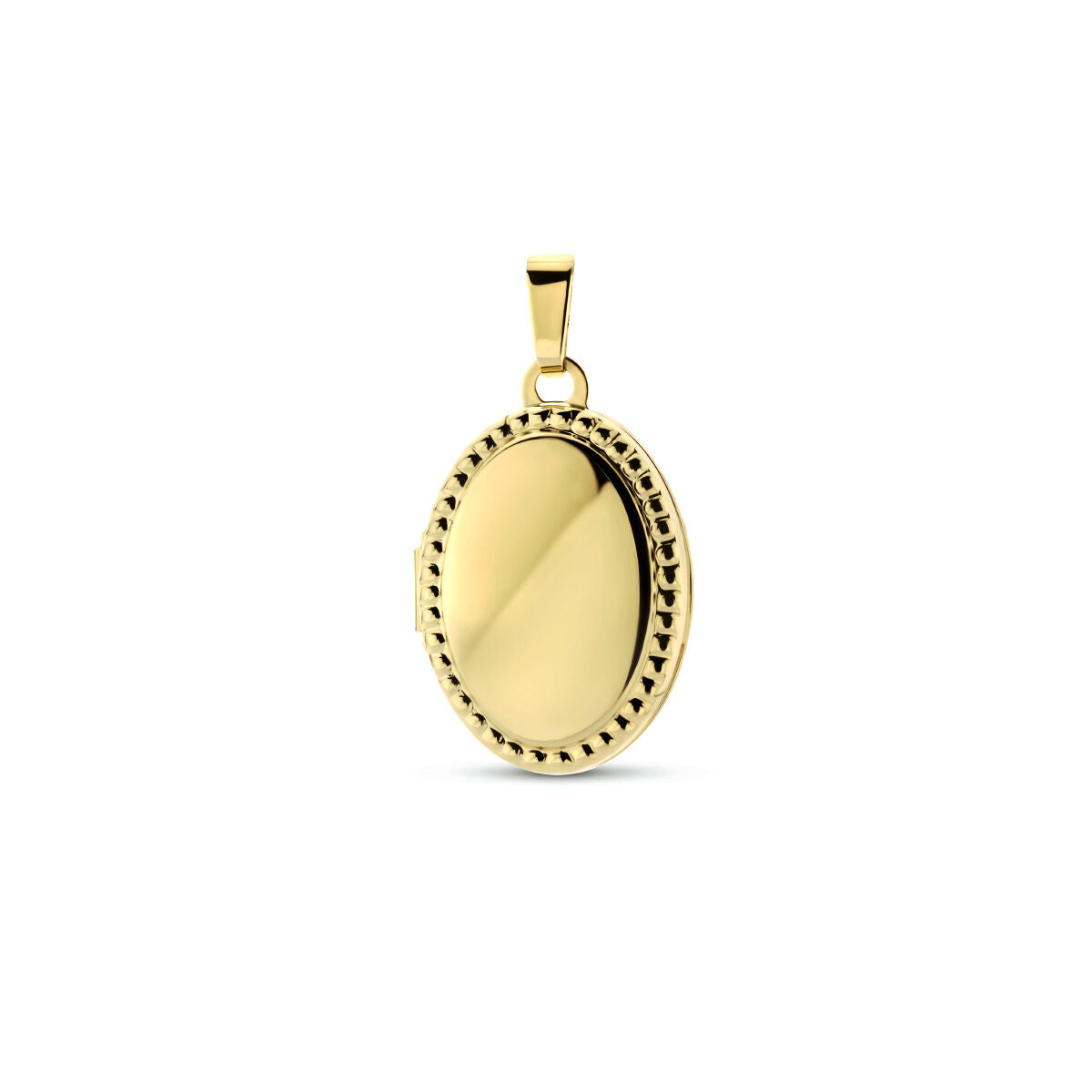 Pendentif ovale en or jaune 14K avec des billes décoratives sur le bord.