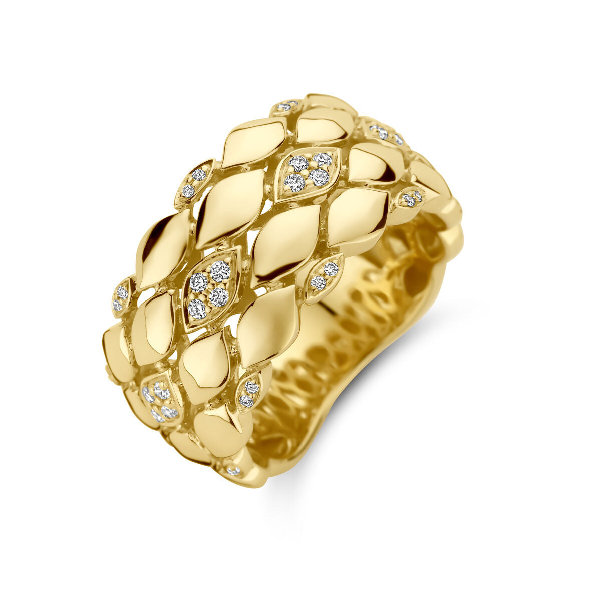 Bague en or jaune 14 carats ornée de diamants de 0,17 ct, à motif tressé.