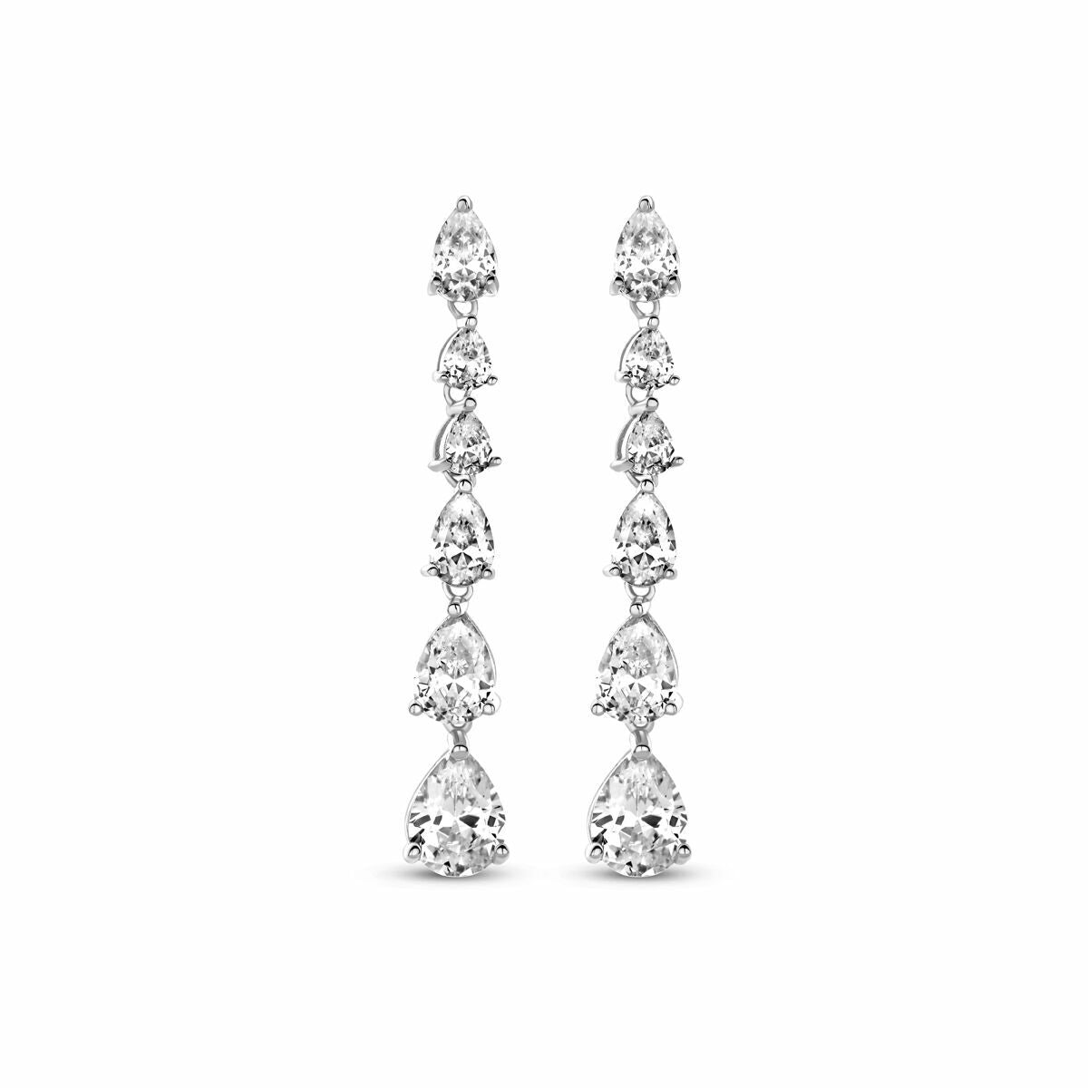 Boucles d'oreilles en argent rhodié avec zircones, longueur de 42 mm, design en cascade.