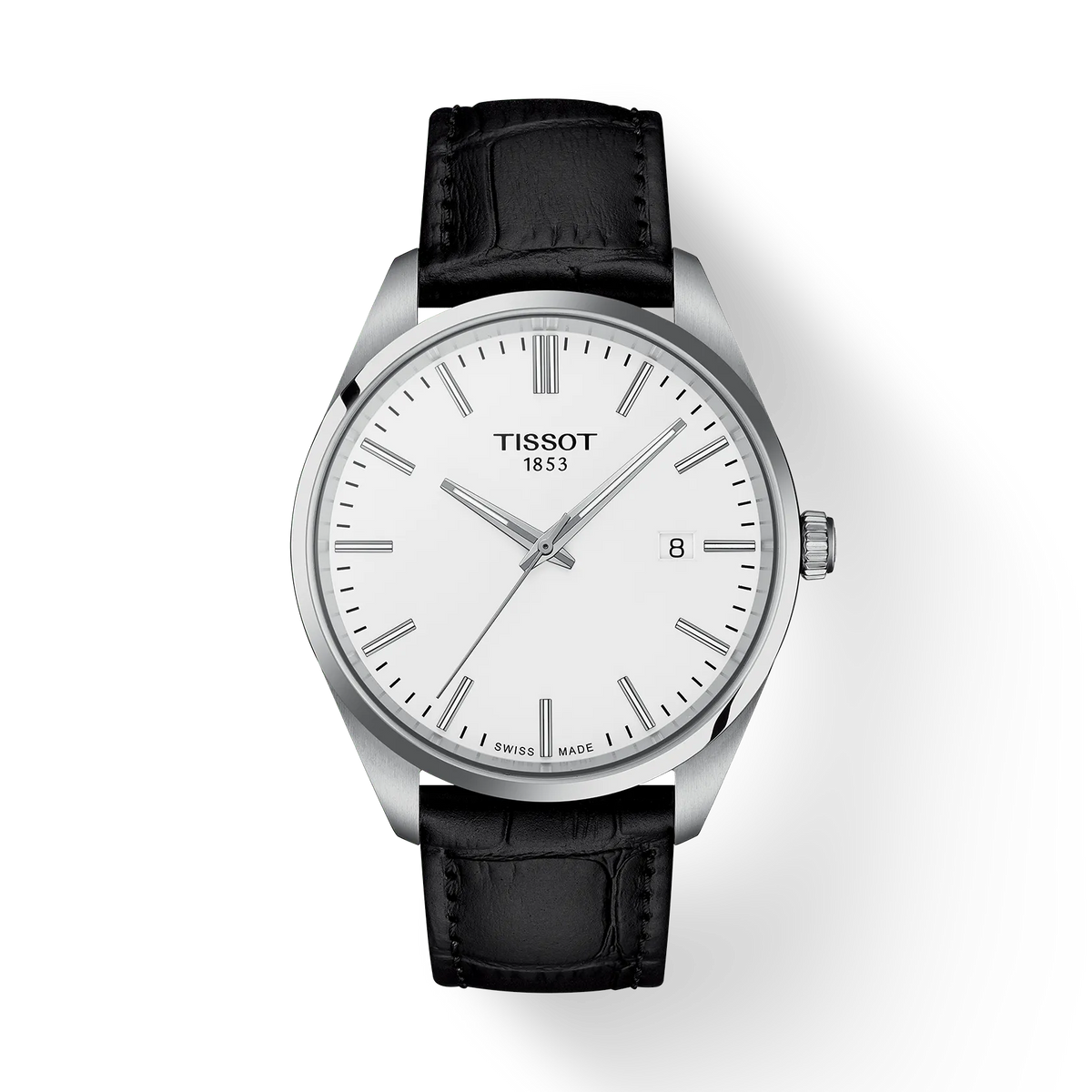 Montre Tissot PR 100 avec cadran blanc, boîtier en acier inoxydable et bracelet en cuir noir.