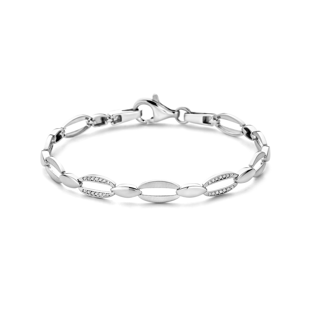 Bracelet en argent rhodié avec des maillons ovales et des détails en zircon.