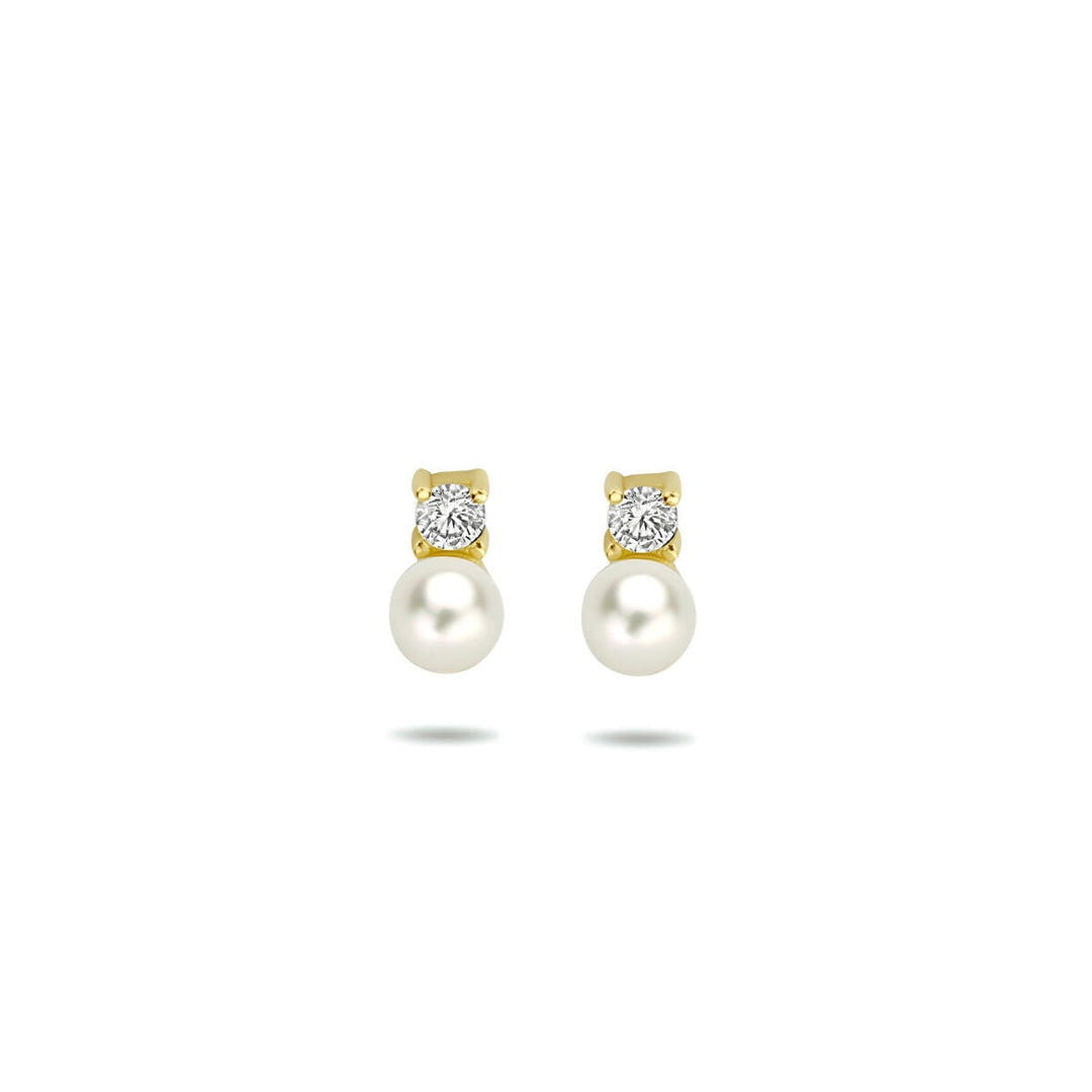 oorknoppen parel en zirkonia 14K geelgoud