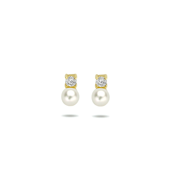 oorknoppen parel en zirkonia 14K geelgoud