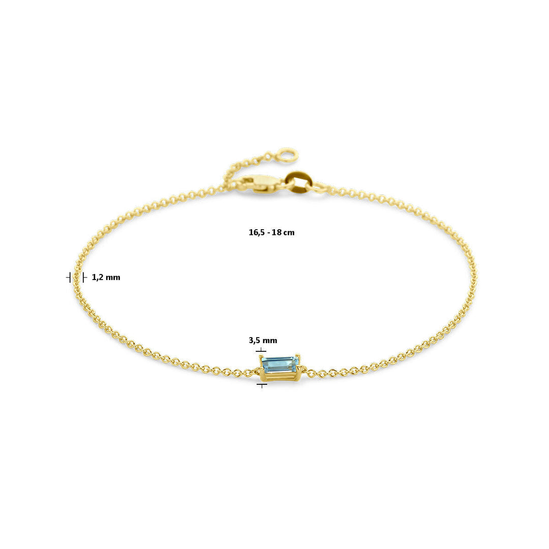 De Gouden armband dames blauw topaas 14K van Van der Kooij Collectie heeft een rechthoekige blauwe topaas (3,5 mm), fijne ketting (1,2 mm) en is verstelbaar van 16,5 tot 18 cm.