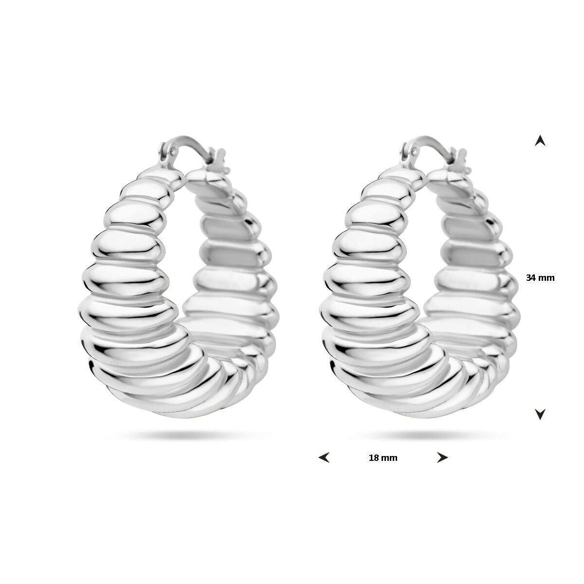 Een paar geribde oorringen 34 mm zilvergerhodineerd van Van der Kooij Collectie, 34 mm hoog en 18 mm breed - elegante damesaccessoires voor elke gelegenheid.
