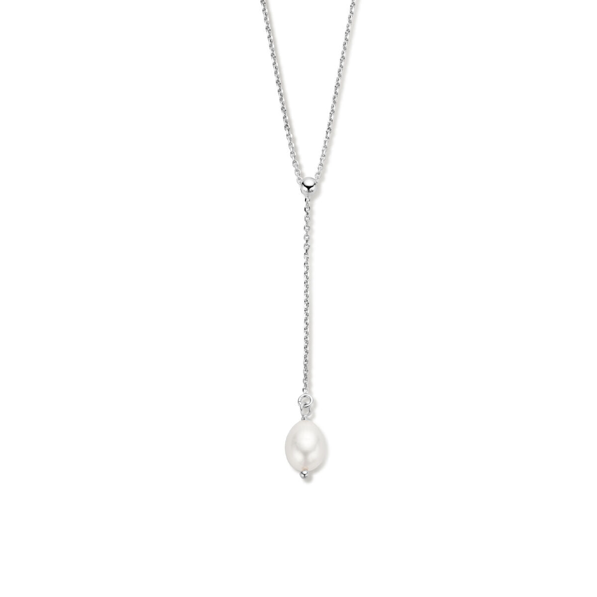 Collier Y en argent rhodié avec perle, longueur de 45 + 5 cm.