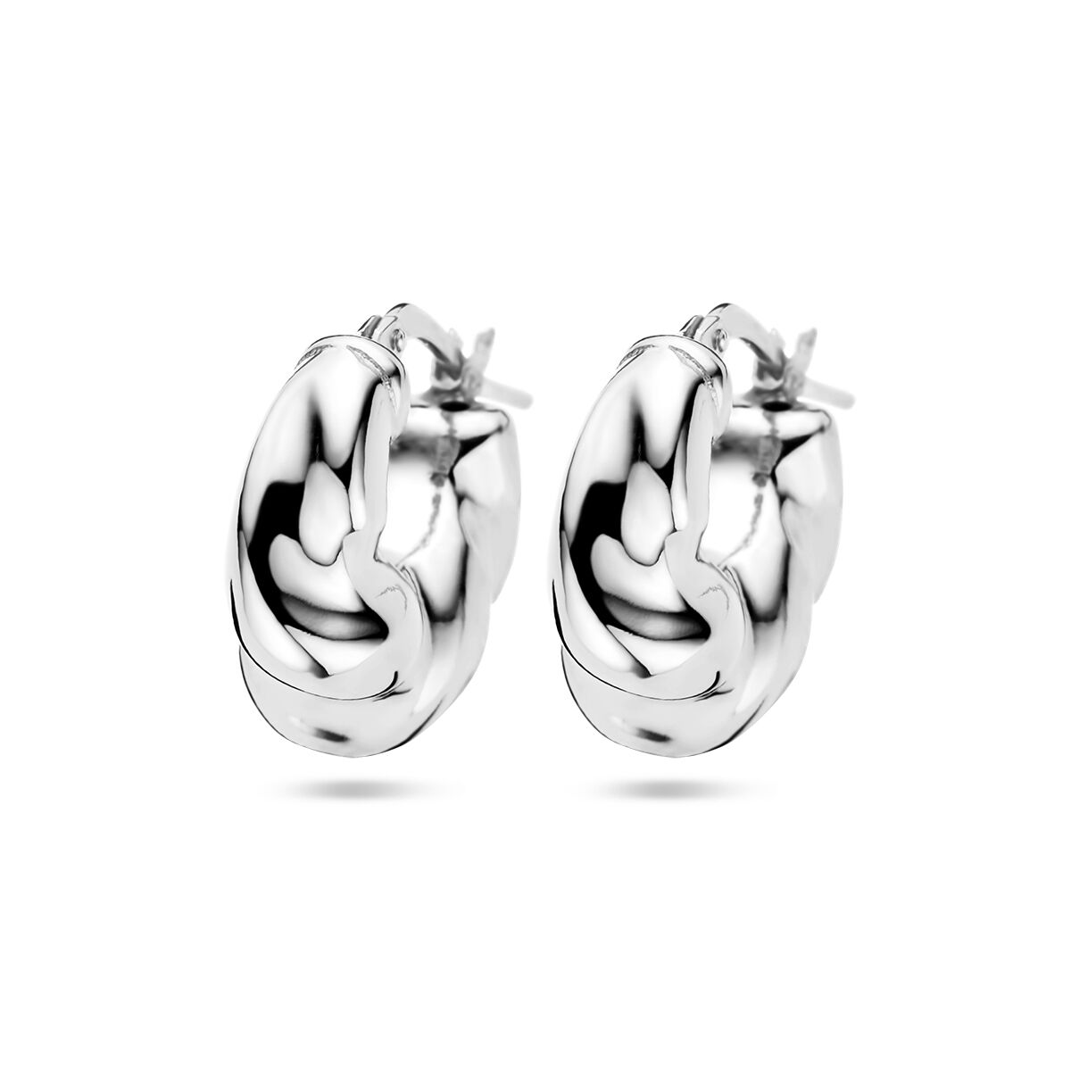 Boucles d'oreilles en argent rhodié, de forme arrondie et lisse, avec un design moderne.