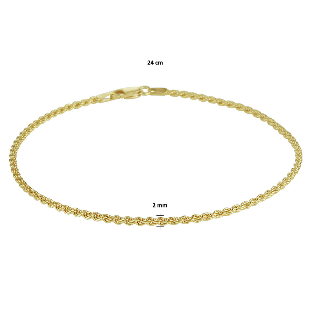 bracelet de cheville cordon 2 mm 24 cm 3 microns argent plaqué or (jaune)
