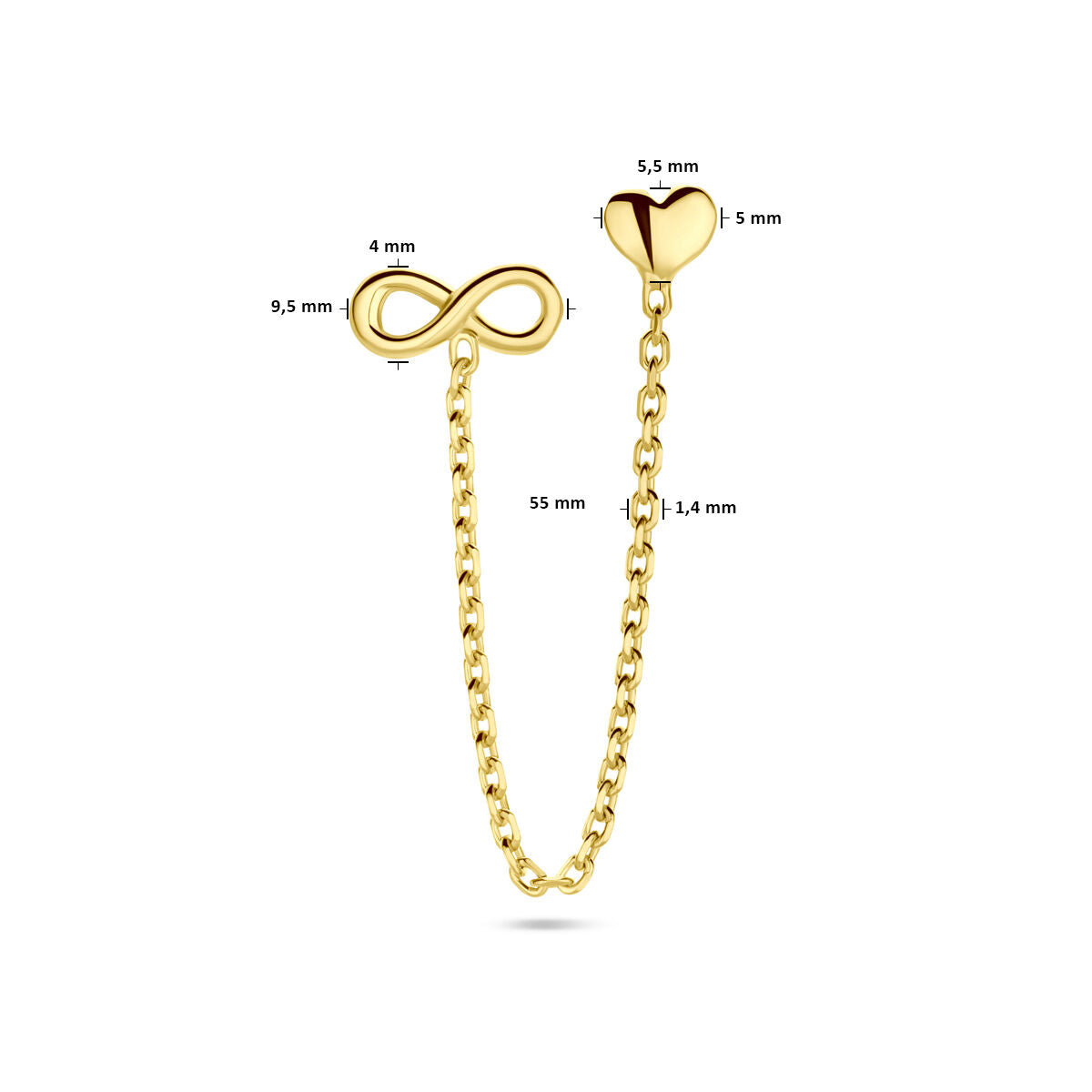 puce d'oreille double cœur et infini par pièce 1 micron argent plaqué or (jaune)
