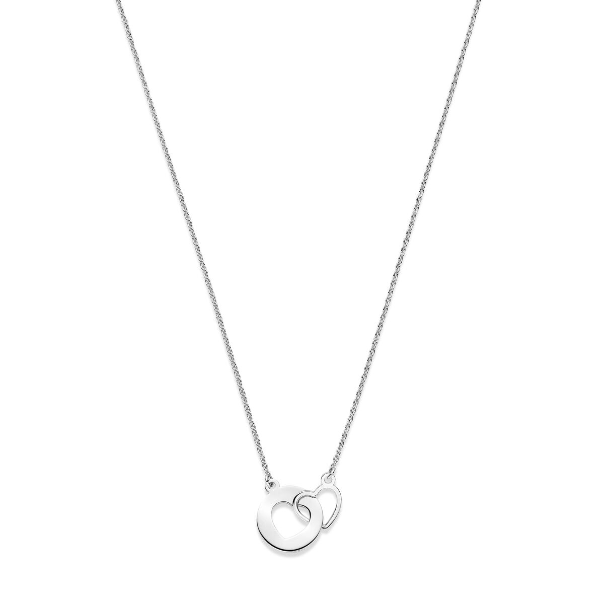 Collier en argent rhodié avec deux cœurs entrelacés, chaîne de 41 cm plus 4 cm d'extension.