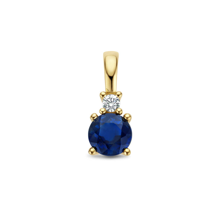 hanger saffier en diamant 0.02ct h p1 14K geelgoud
