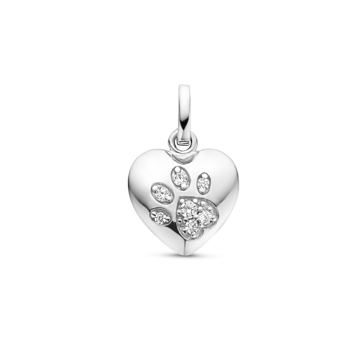 pendentif en forme de cœur avec empreinte de patte, en argent rhodié et zirkonia.