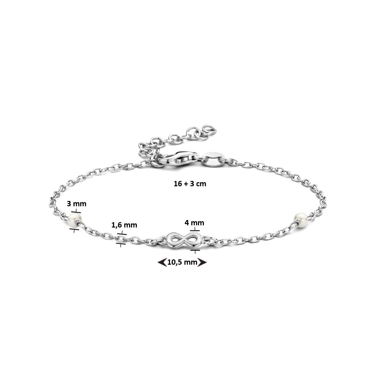 bracelet en perle synthétique et infini 16 + 3 cm argent rhodié