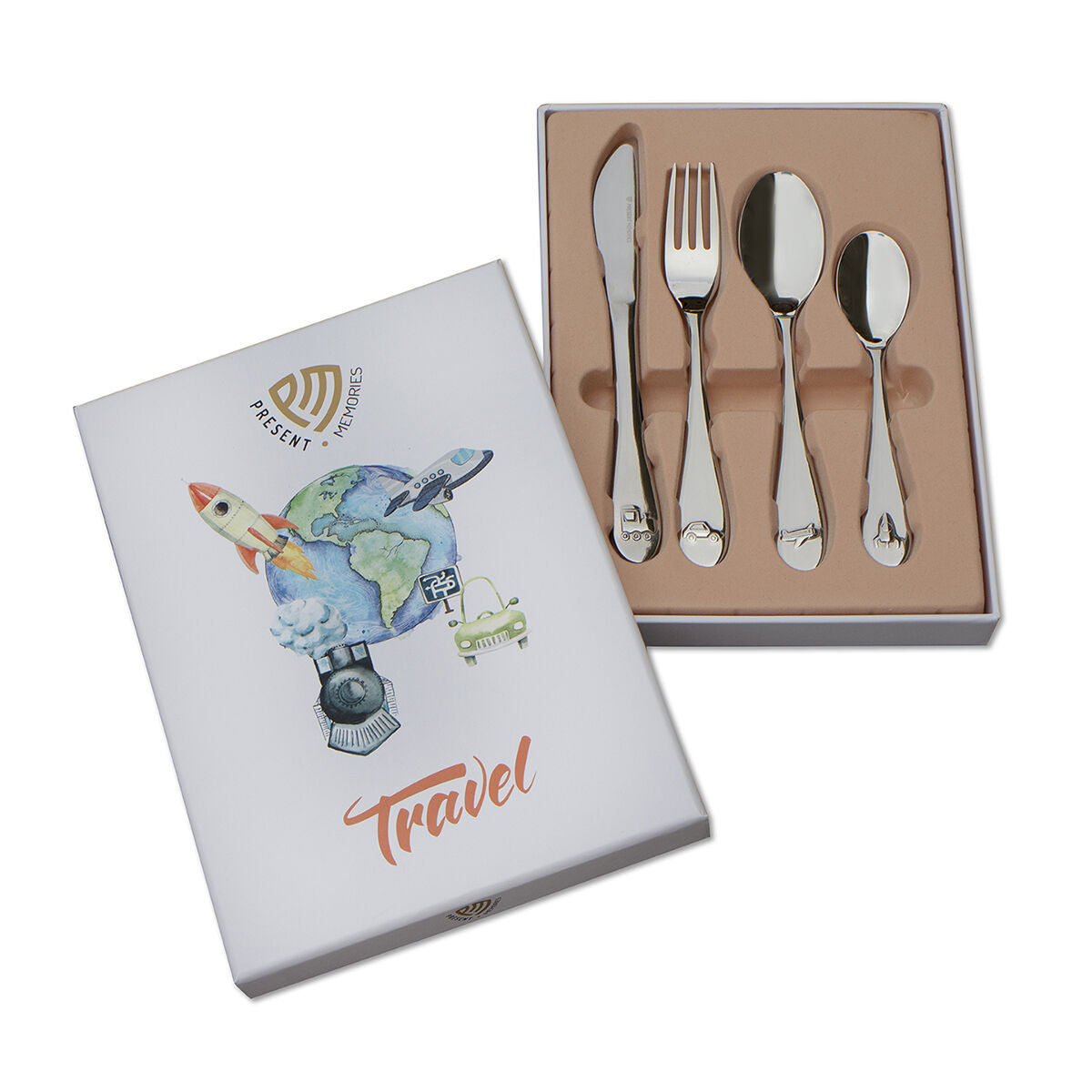 Coffret de couverts pour enfants en acier inoxydable, comprenant un couteau, une fourchette, une cuillère et une cuillère à dessert.