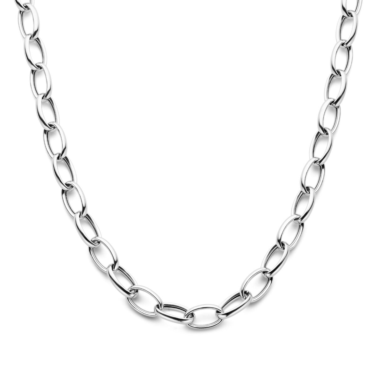 Collier en argent rhodié avec maillons ancre de 10 mm, longueur de 43 cm.