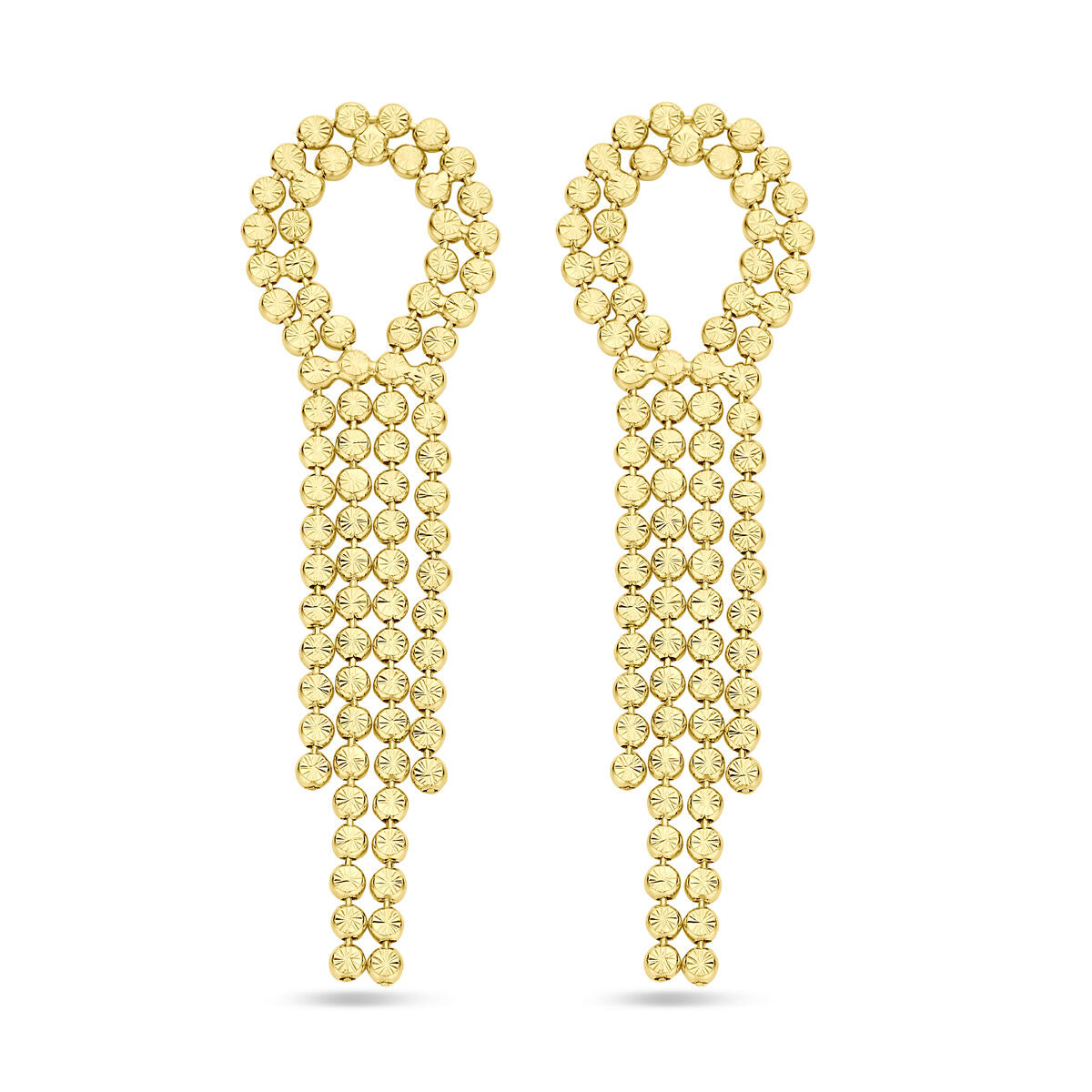 Oorhangers van gediamanteerd 1 micron zilver verguld in geel, met een lange, hangende ketting van bolletjes.