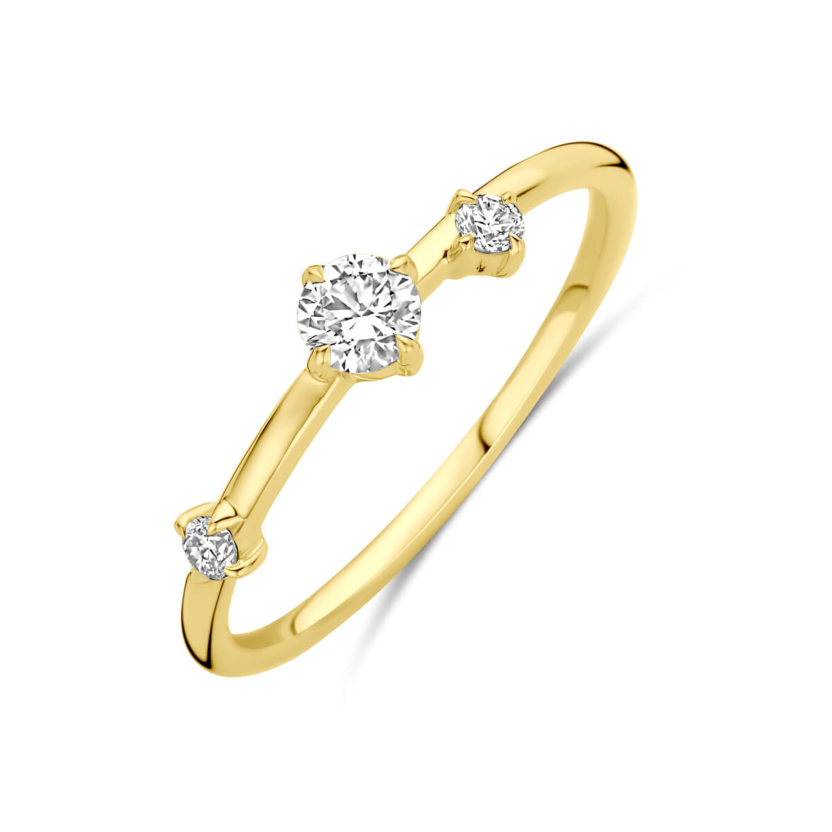 Bague en or jaune 14K avec un diamant lab grown de 0,25 ct et deux petits diamants.