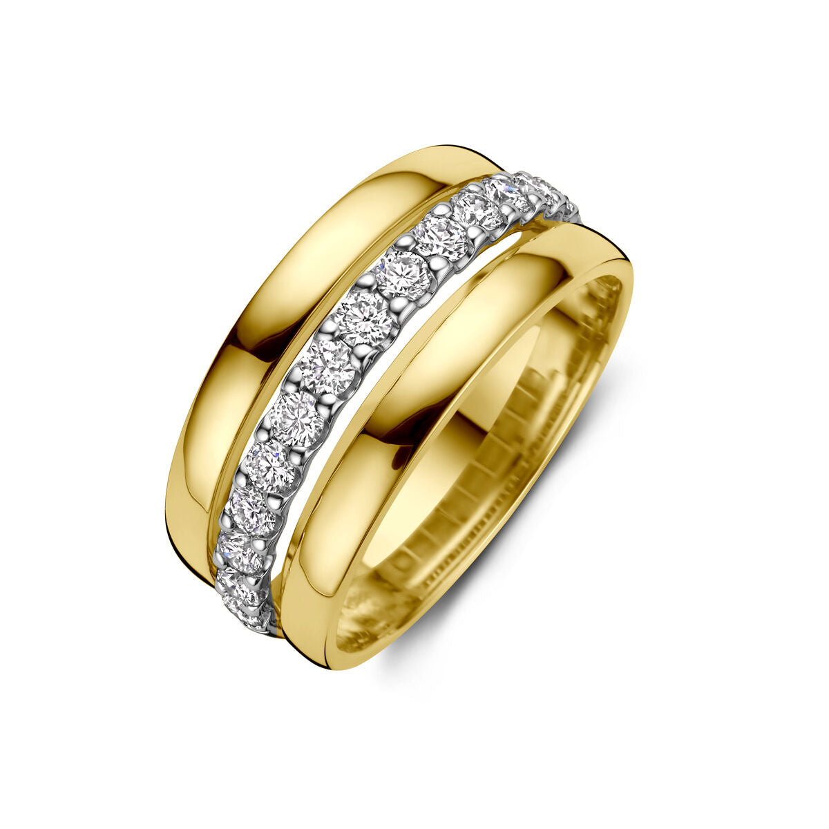 Bague bicolore en or jaune et blanc avec diamants, design élégant à deux bandes.