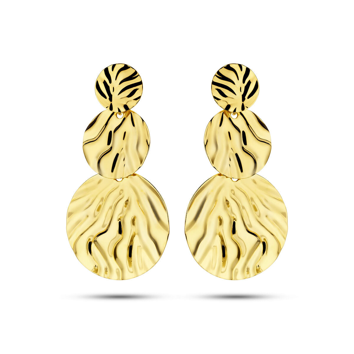 Boucles d'oreilles en argent doré à l'or jaune avec un motif en relief, composées de trois disques.
