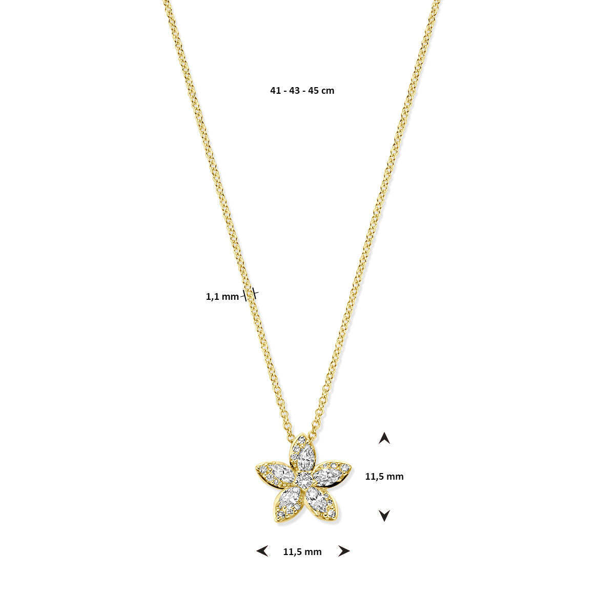 collier fleur diamant 0.42ct h si 41 - 43 - 45 cm or jaune 14K