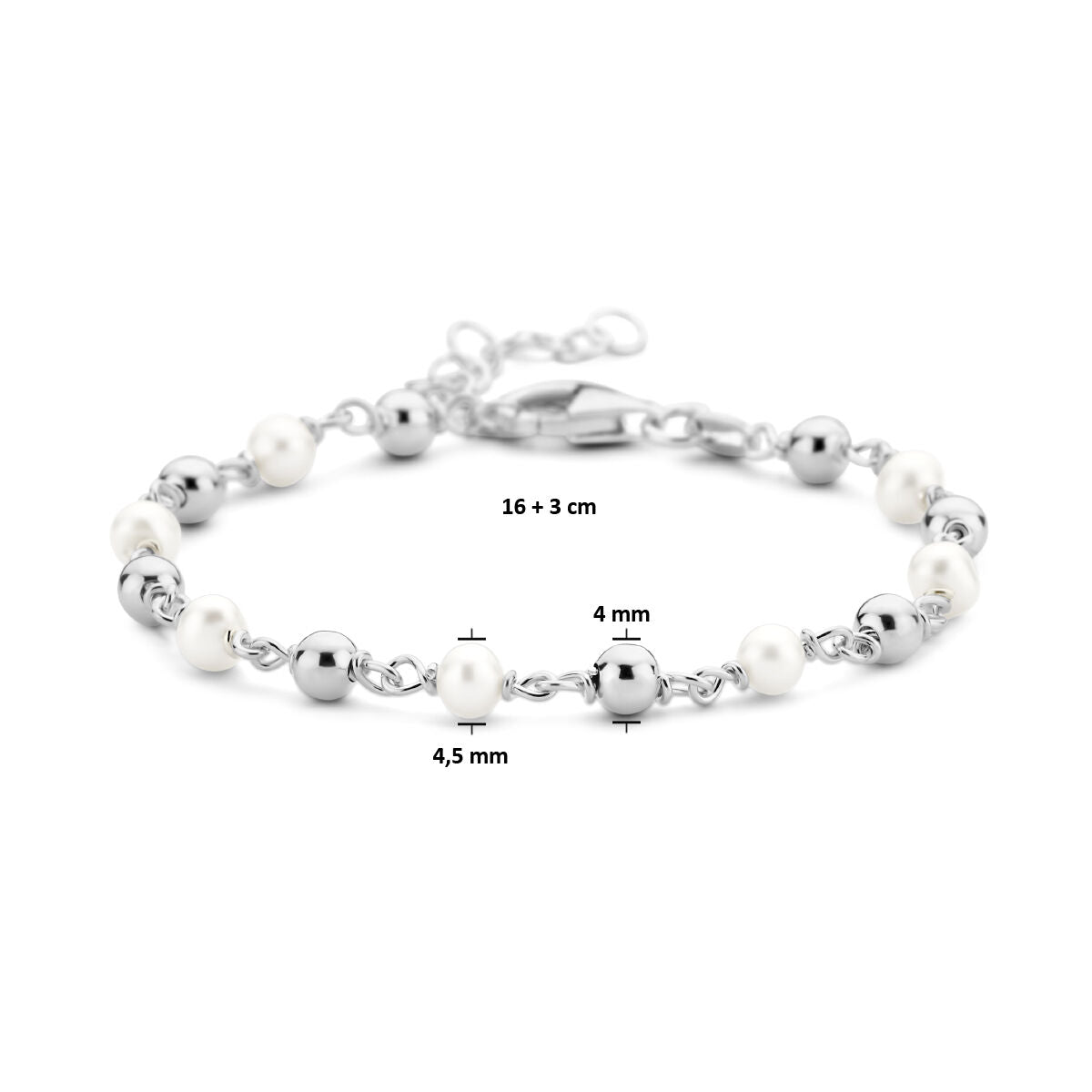 bracelet perle et billes 16 + 3 cm argent rhodié