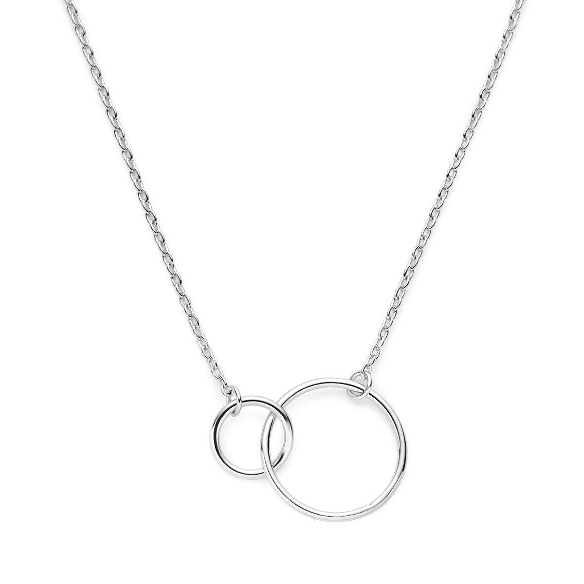 Collier en argent rhodié avec deux cercles, l'un plus petit que l'autre, sur une chaîne délicate.