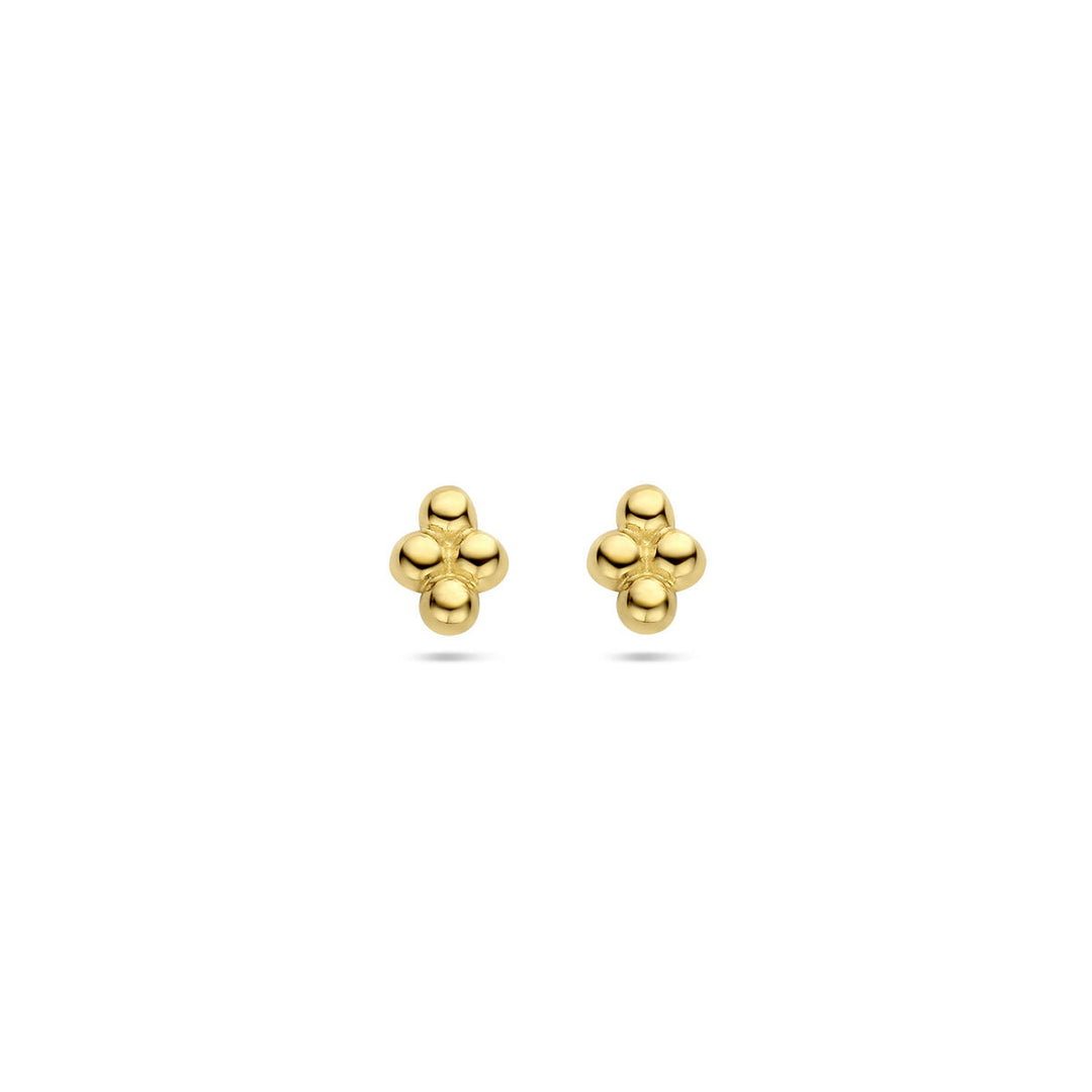 Van der Kooij Collectie oorknoppen bolletjes 14K geelgoud: stijlvolle dames oorbellen met vier ronde bolletjes in een clovervorm, perfect voor alledaagse elegantie. Afgebeeld op een eenvoudige witte achtergrond.
