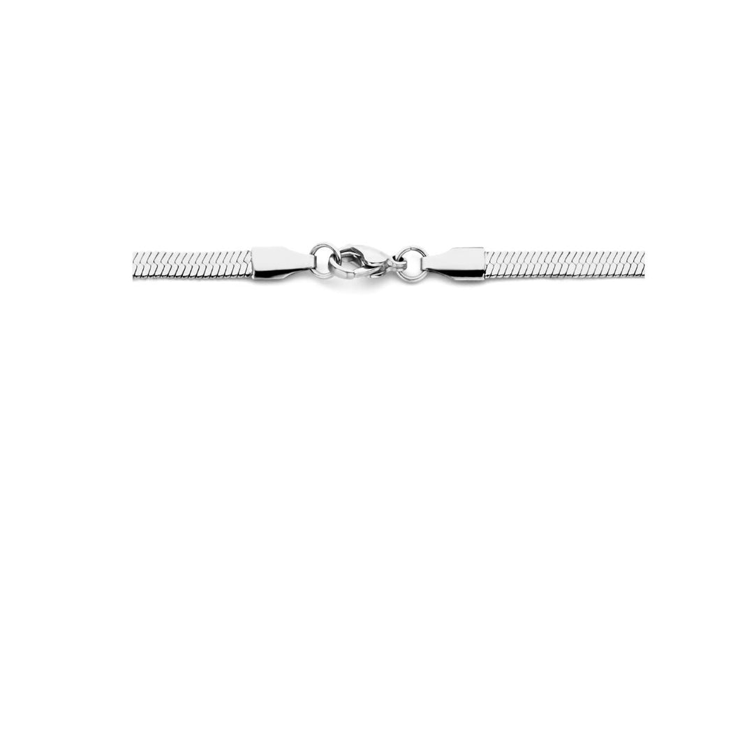 Een collier slang plat 4,2 mm 42 + 4 cm edelstaal armband van Van der Kooij Collectie is afgebeeld op een witte achtergrond.