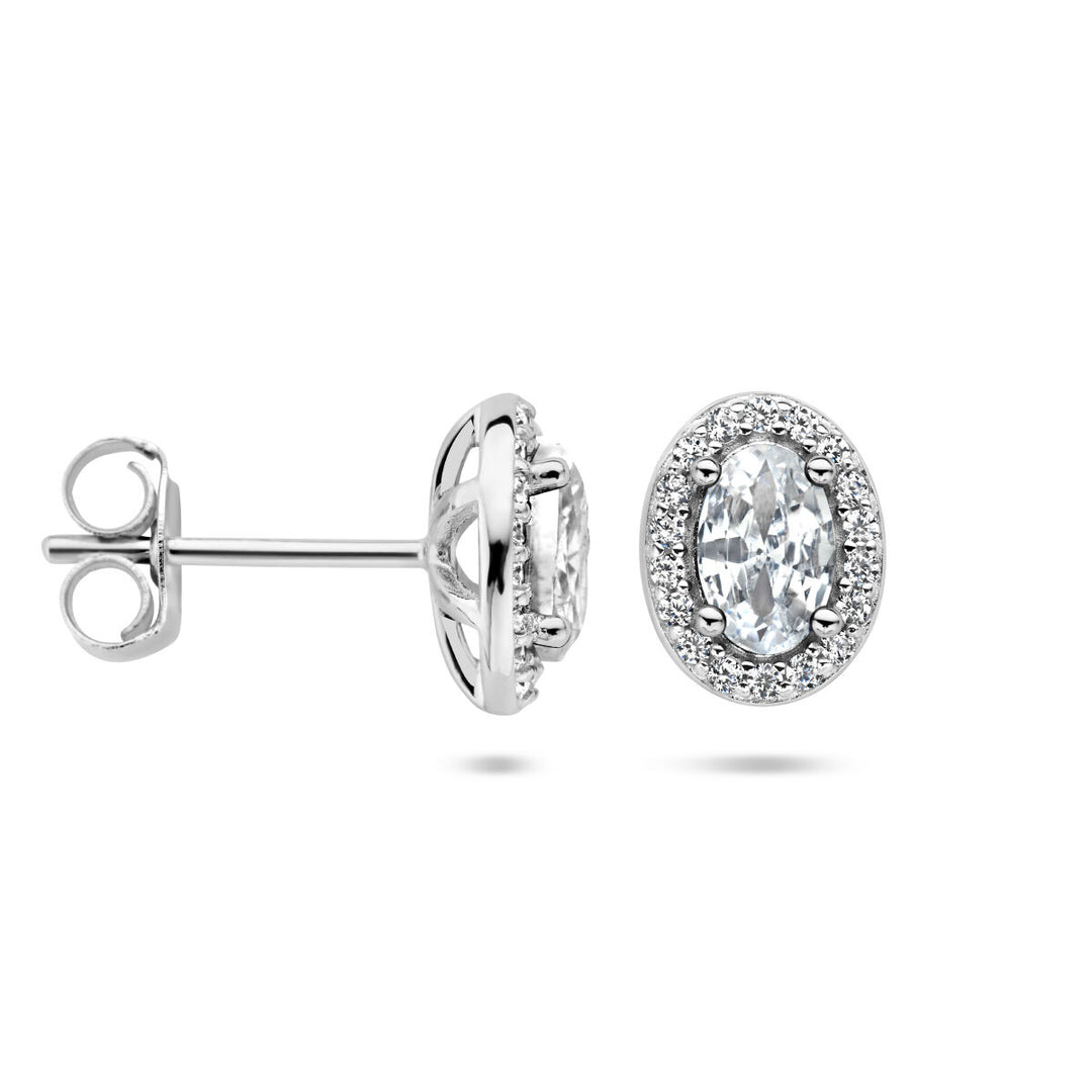 oorknoppen zirkonia halo zilver gerhodineerd