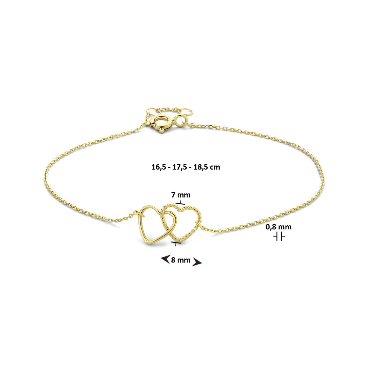 bracelet cœurs 16,5 - 17,5 - 18,5 cm or jaune 14K