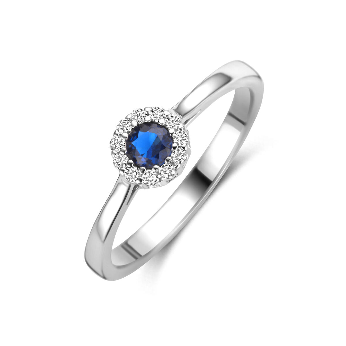 Bague en argent rhodié pour femme avec saphir et zirconiums, taille brillante.