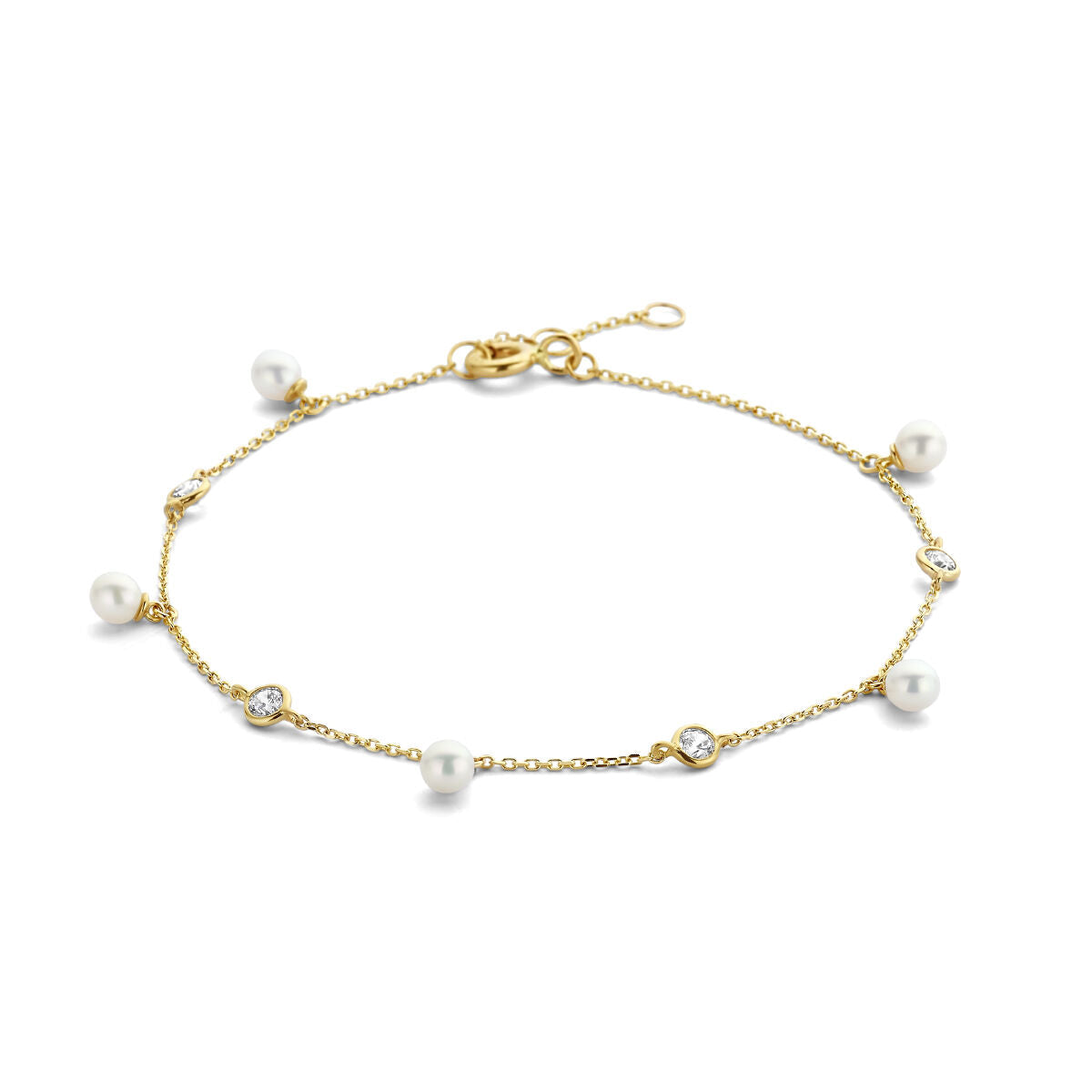 Bracelet en or jaune 14K avec perles et zirconias, longueur ajustable de 16 à 18 cm.