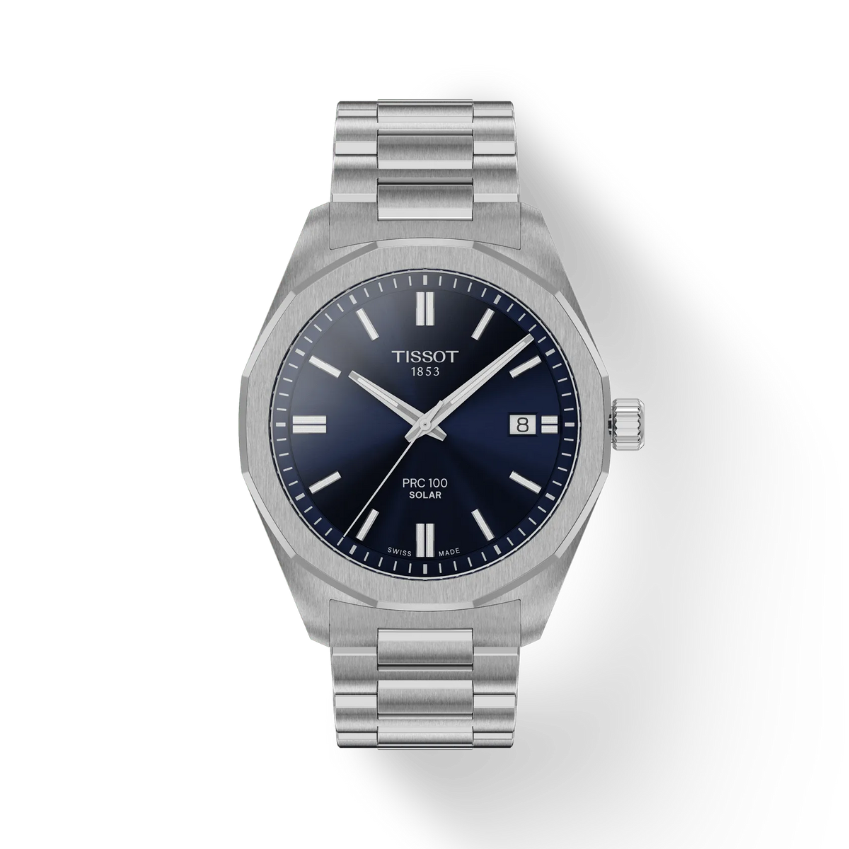 Montre Tissot PRC 100 Solar 39mm avec boîtier en acier inoxydable et cadran bleu.
