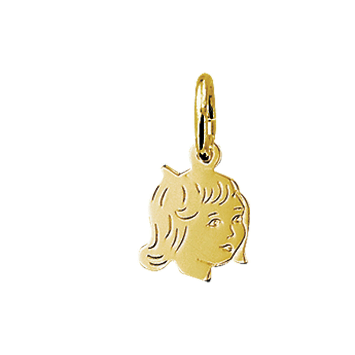 pendentif en or jaune représentant le visage d'une petite fille, dimensions 12,5 x 9 mm.