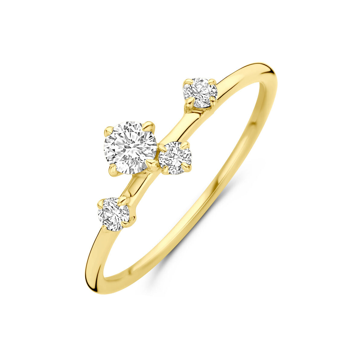 Bague en or jaune 14K avec trois diamants, dont un central de 0,33 ct, taille brillante.