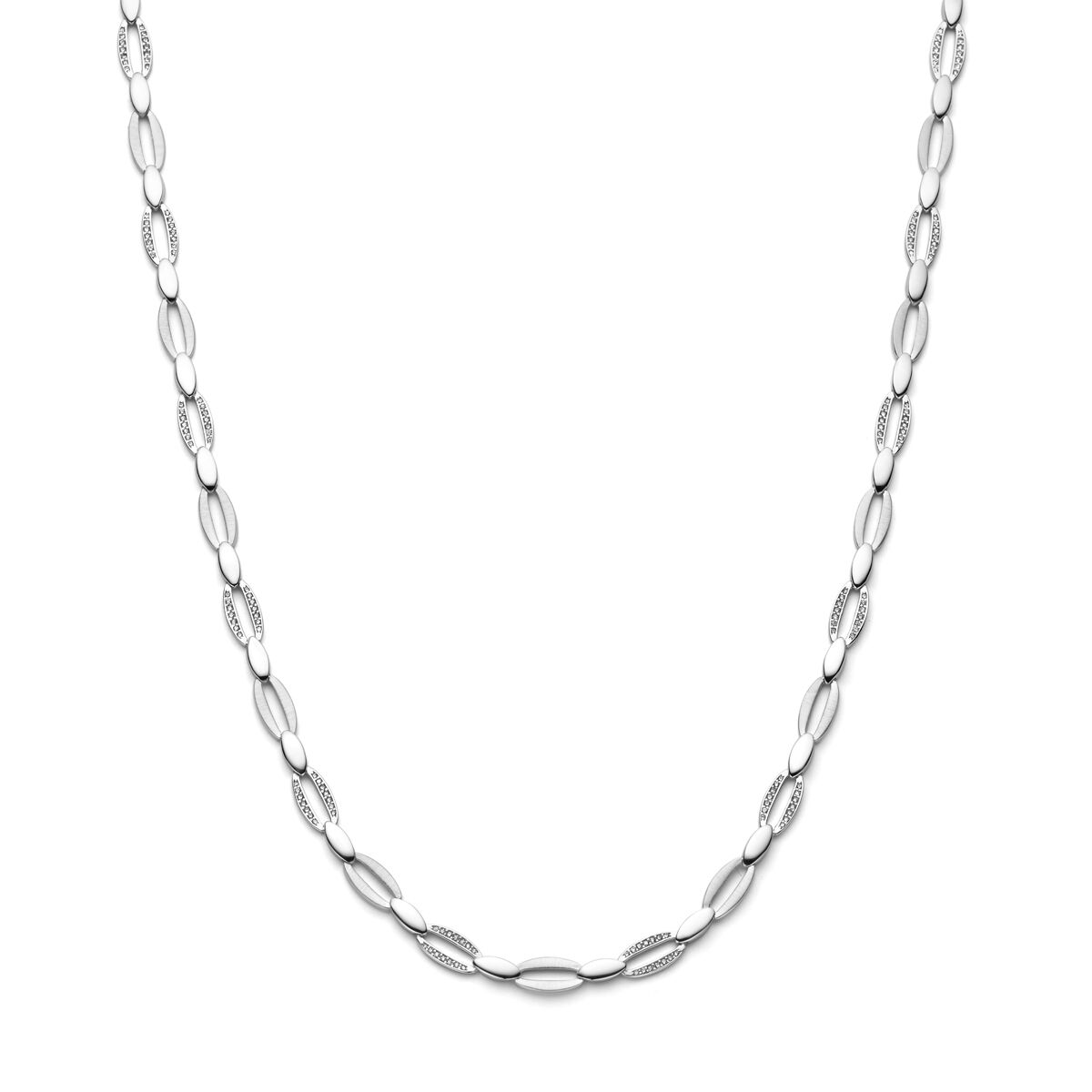 Collier en argent rhodié avec maillons ovales, finition polie et mate, longueur 45 cm.