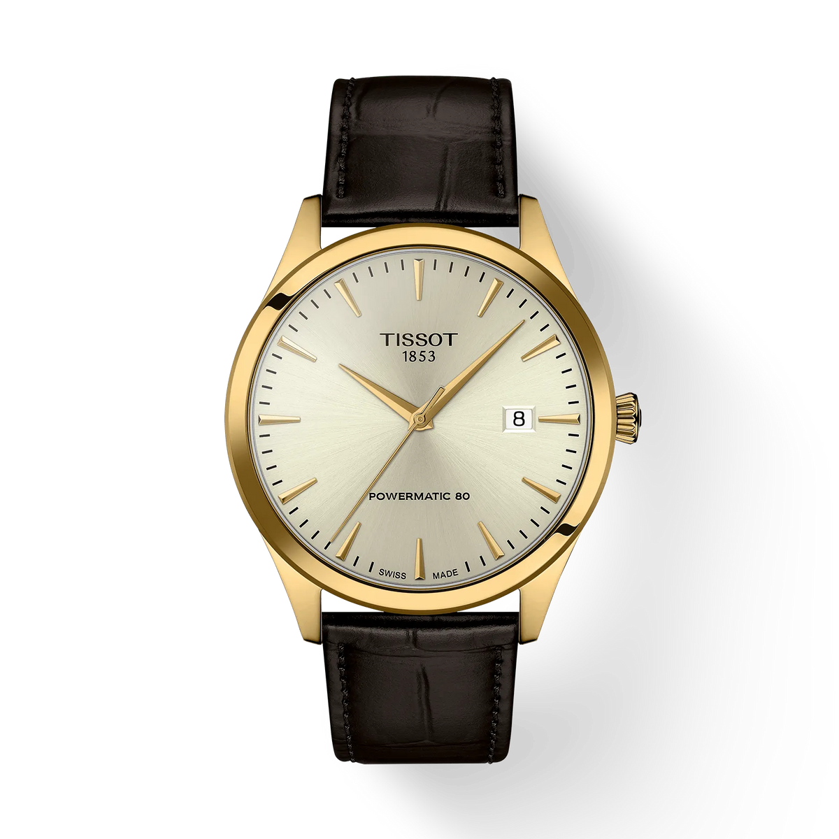 Montre Tissot classique de 40 mm avec boîtier doré, cadran argenté et bracelet en cuir marron.