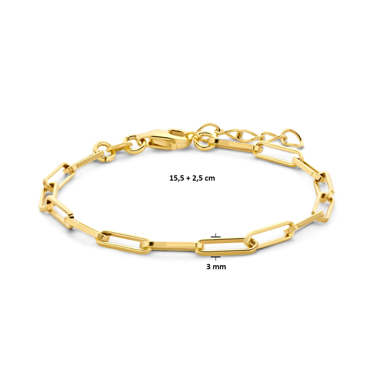 bracelet paperclip tube carré 3,0 mm 15,5 + 2,5 cm 3 microns argent plaqué or (jaune)
