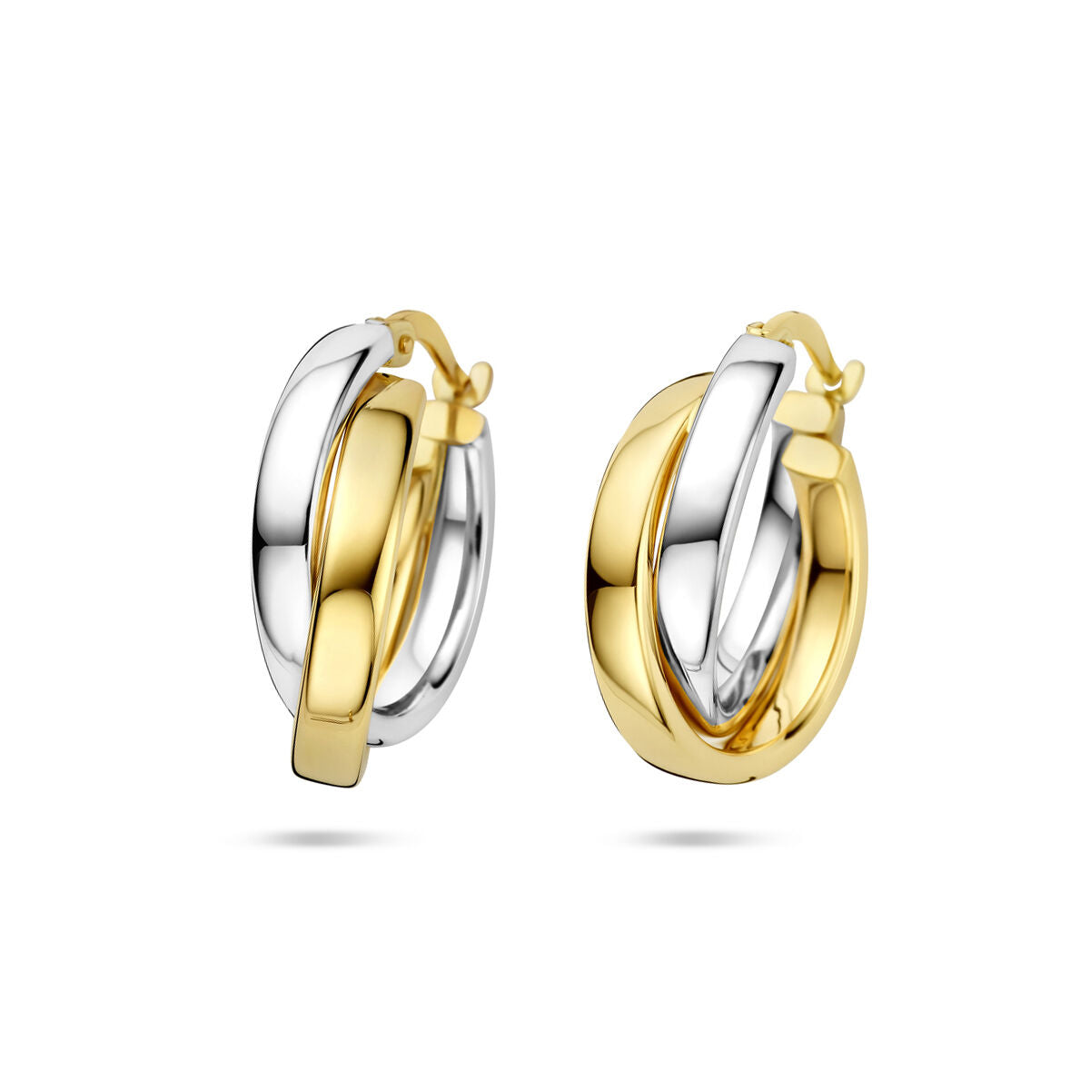Boucles d'oreilles bicolores en or jaune et blanc 14 carats, avec un design moderne et élégant.
