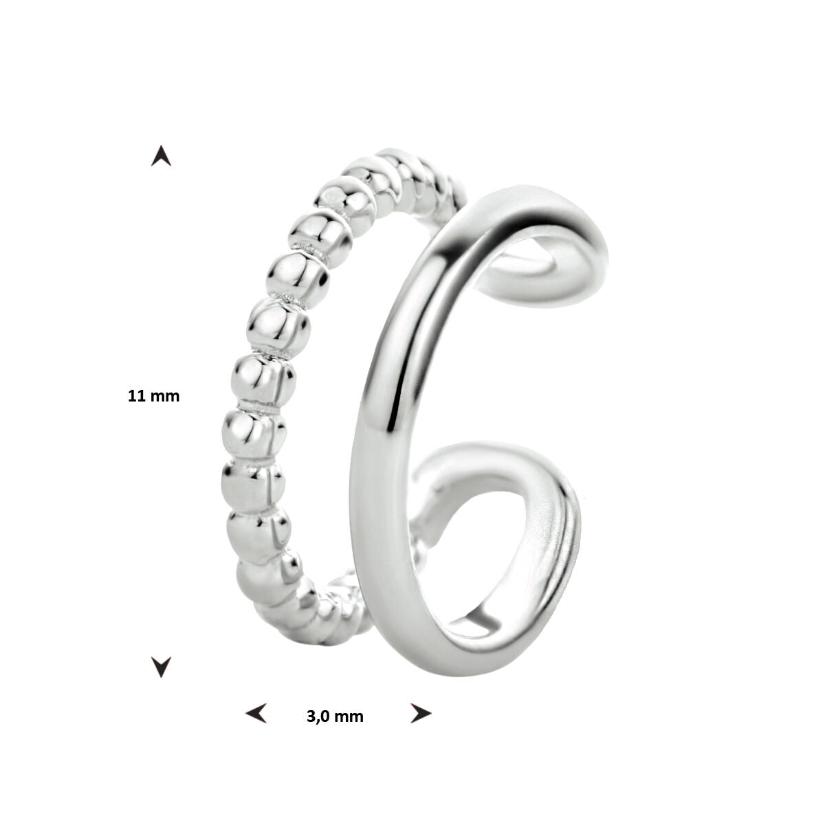 De Van der Kooij Collectie oorknoop zilver gerhodineerd heeft twee parallelle banden-een glad, een kralen-voor een stijlvolle dameslook. Afmetingen: 11 mm hoog en 3 mm breed.