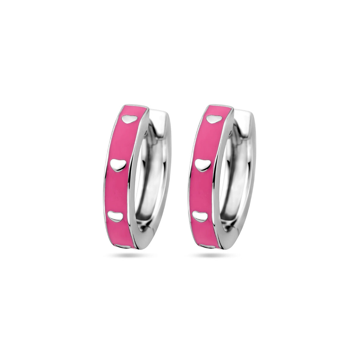 Boucles d'oreilles en argent rhodié avec émail rose et motifs en forme de cœur.